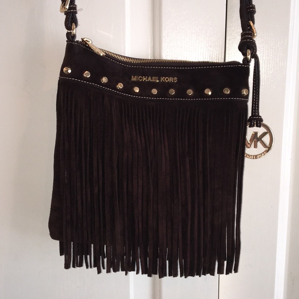 dark brown, suede, fringed, cross body